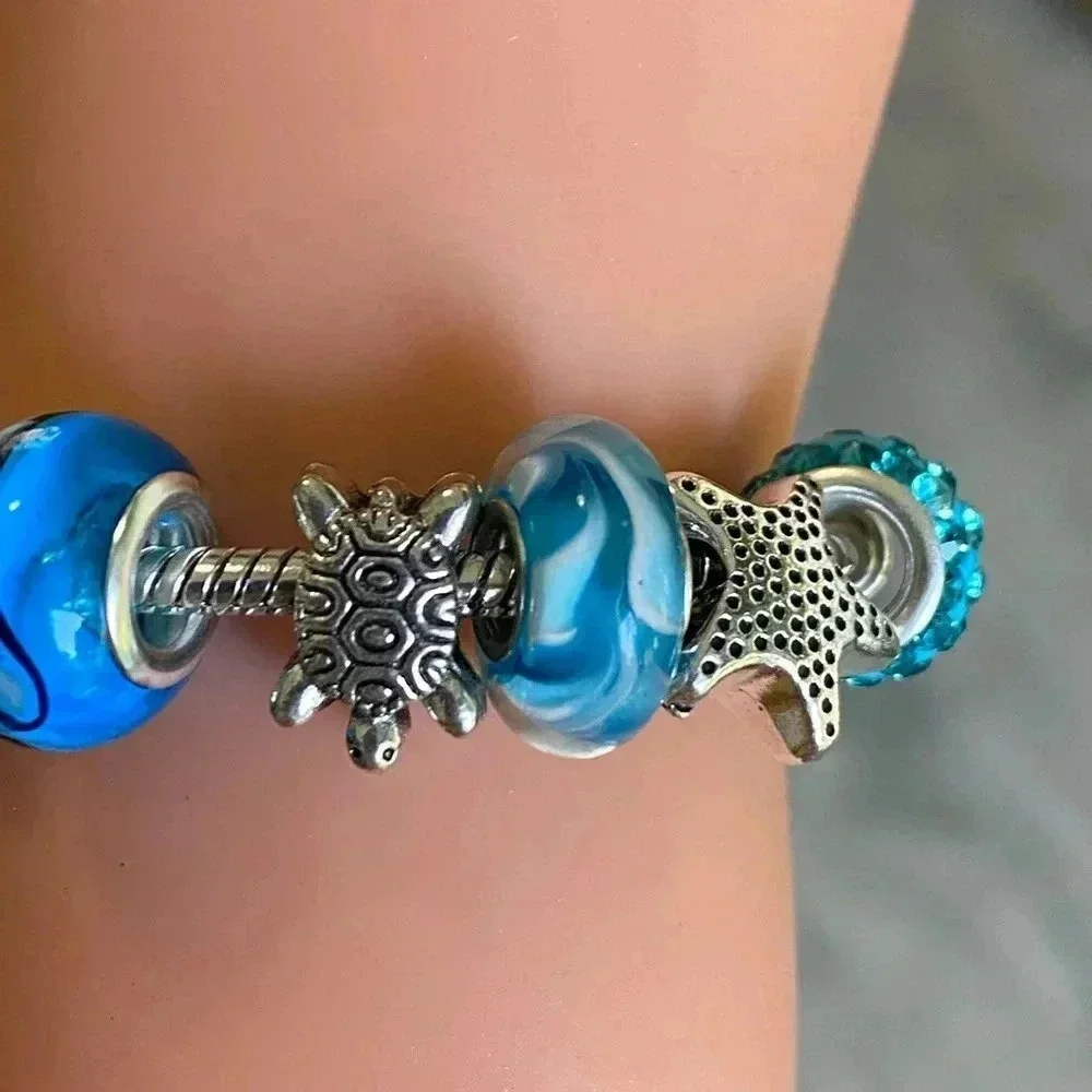 Pretty Blue & Silver Ocean Beach Rondel Bead Charm Bracelet New